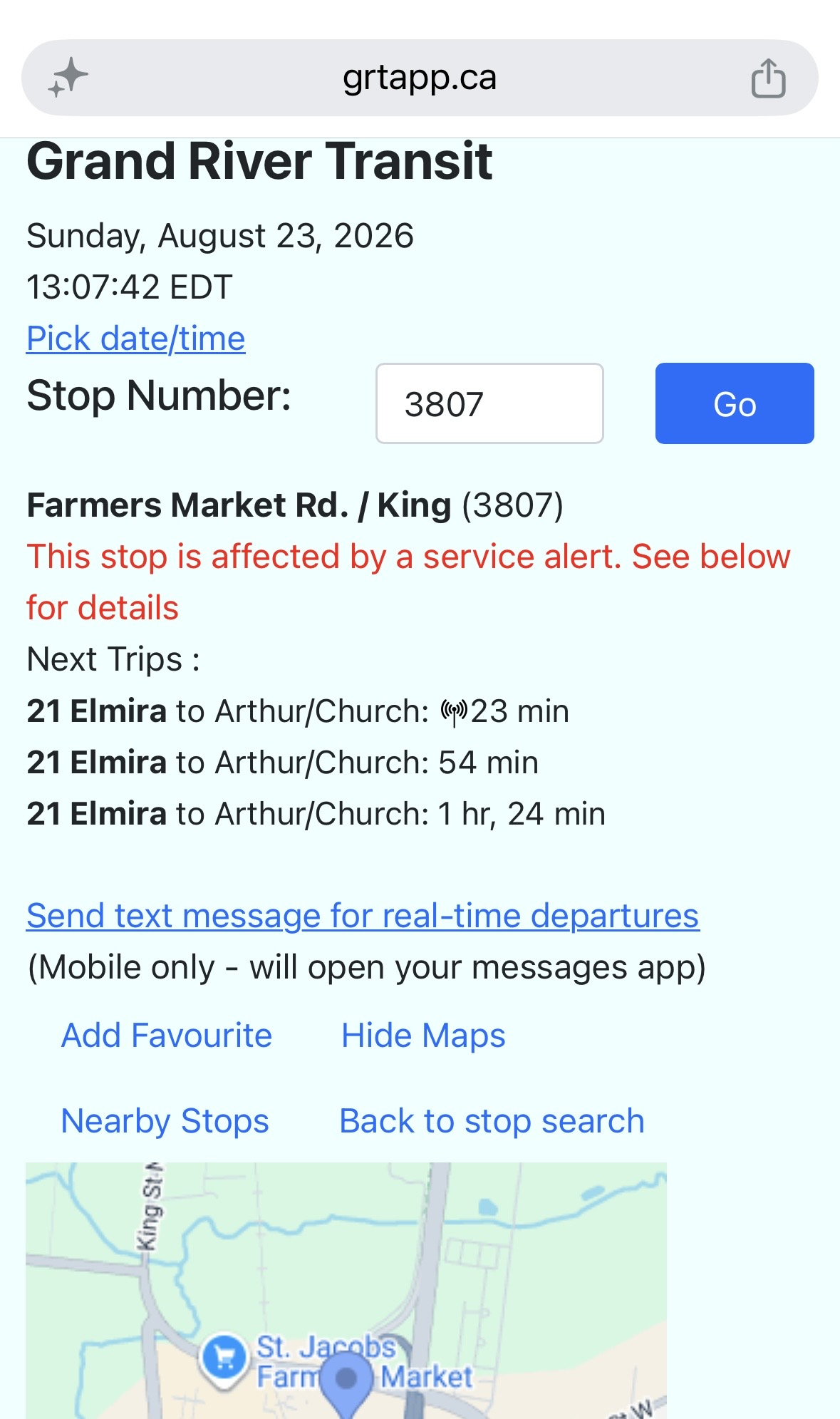 Top of stops page with text indicating it is affected by service alert