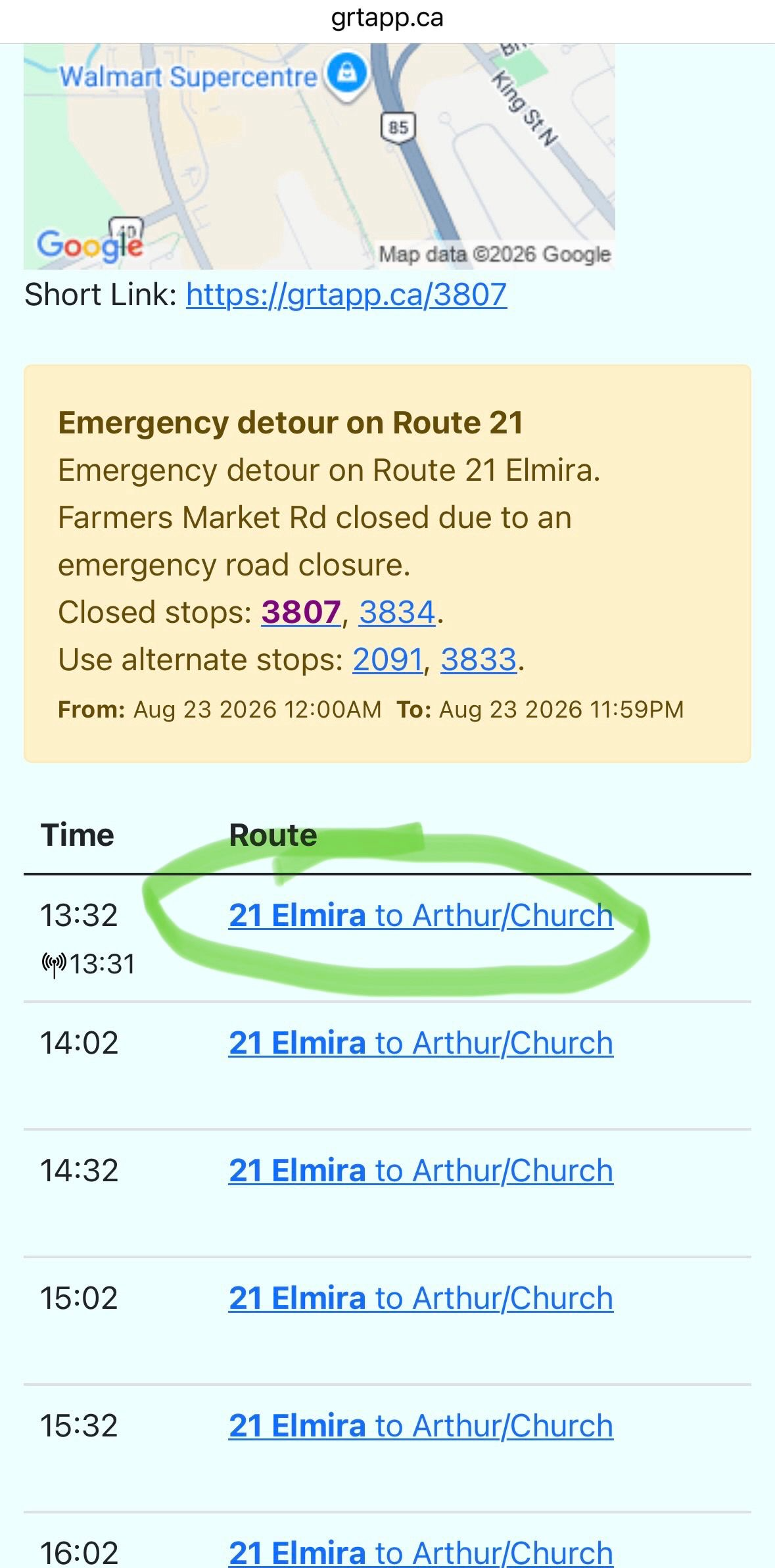 Lower on stops page indicating next arrivals with links to next trips