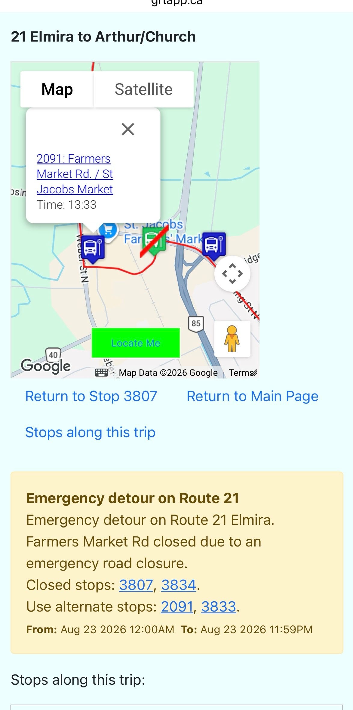 Trips map showing open and closed stops