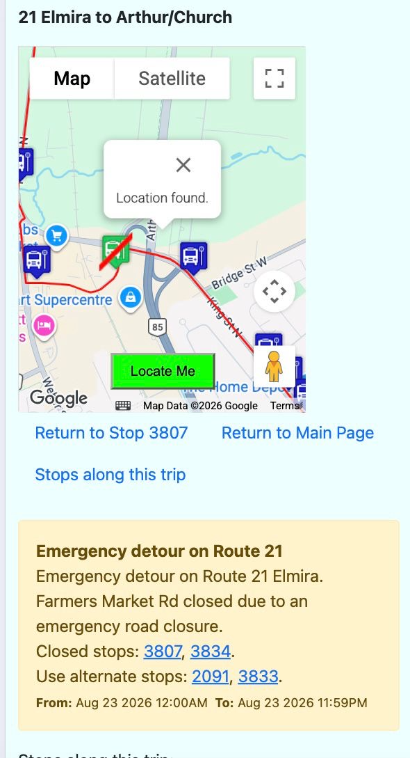 Trips map showing open and closed stops with current location