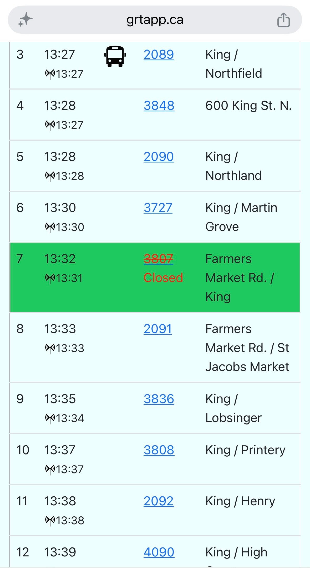 Trip stop list indicating closed stops and estimated departures